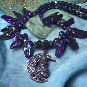 Handmade Wolf and Moon Necklace with Blue Gemstone and Pearl. One of a Kind!